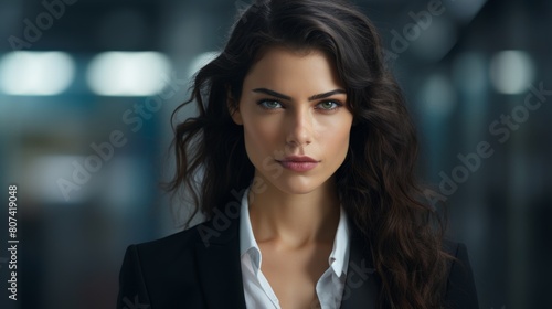 Confident businesswoman with dark hair and intense gaze