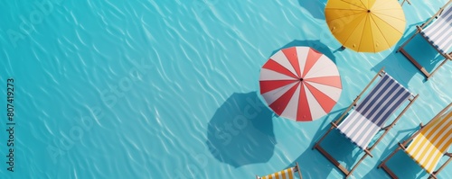 3D render, minimal summer background with beach umbrella and chairs on a blue pastel color.
