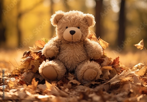 Cute teddy bear in autumn leaves