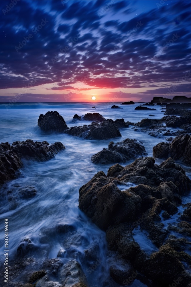 Dramatic sunset over rocky ocean coastline
