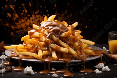 Delicious pile of french fries covered in melted cheese and sauce