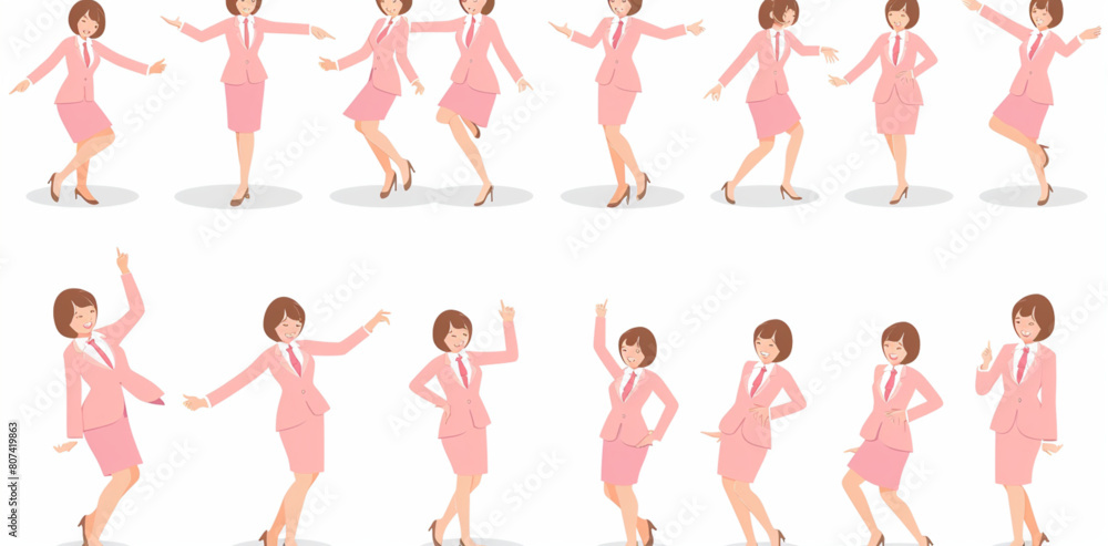 A set of business woman characters in pink suits, with multiple poses and expressions against a white background