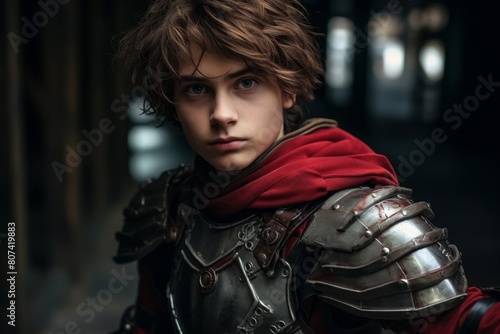 young warrior in red cloak and armor