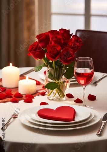 romantic dinner table setting with red roses and wine
