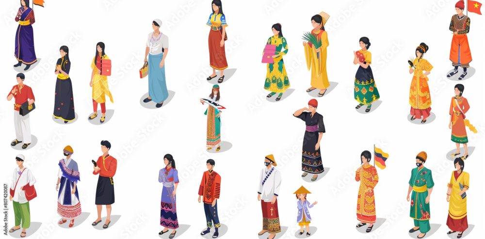 A set of different Asian people in national , men and women standing next to each other, full body illustrations, white background