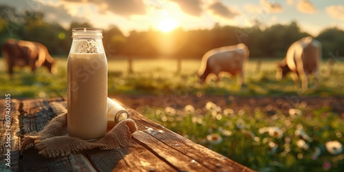 Pastoral charm abounds as a gentle cow grazes in lush meadow, accompanied by milk bottle and glass, an evocative portrayal of countryside serenity and wholesome dairy delights. photo