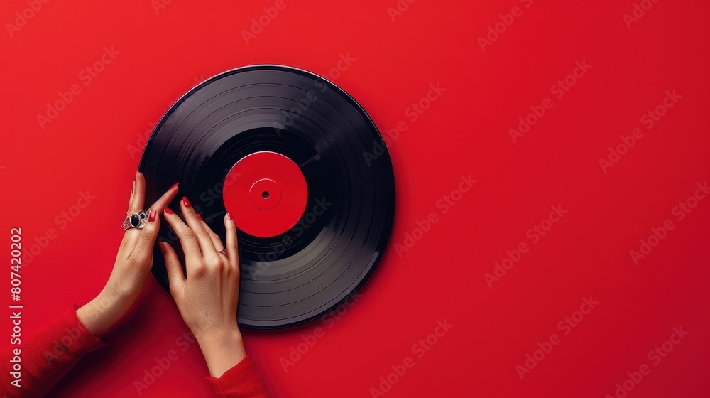 Fototapeta premium Top View female hand spinning black vinyl on red background