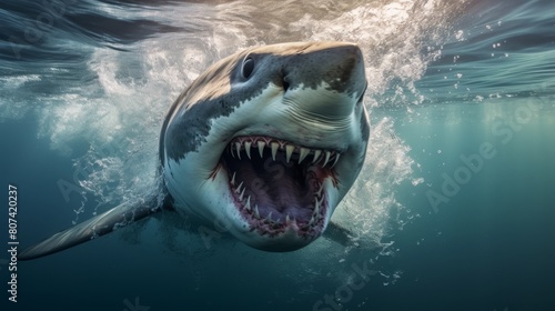 Ferocious great white shark with open jaws in the ocean