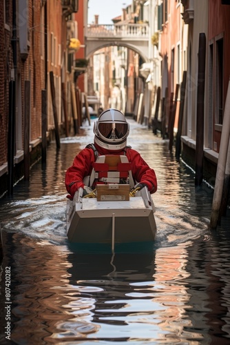 Astronaut delivering packages in flooded venice canal photo