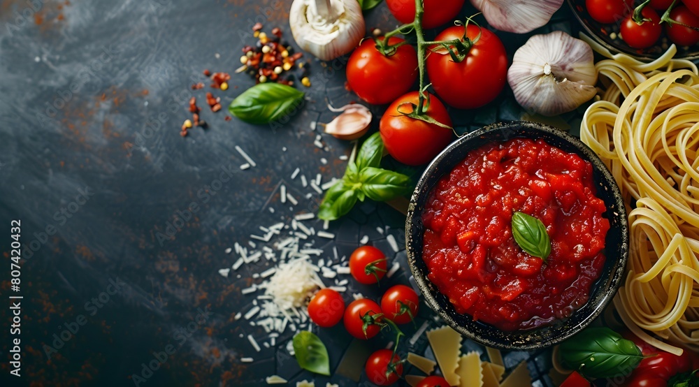 background with tomato sauce and pasta, basil and fresh tomatoes, Italian cuisine background with tomato sauce and pasta, basil and fresh tomatoes, Italian cuisine