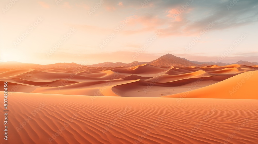 Stunning desert landscape with dramatic sand dunes and warm sunset colors