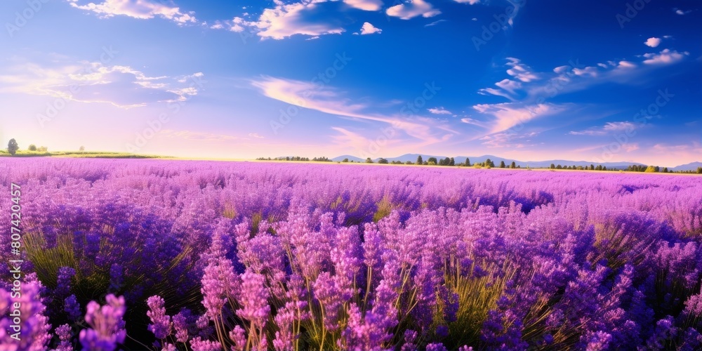 Fototapeta premium Stunning lavender field landscape at sunset