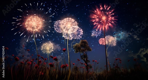 Colorful fireworks display over a field of red flowers at night