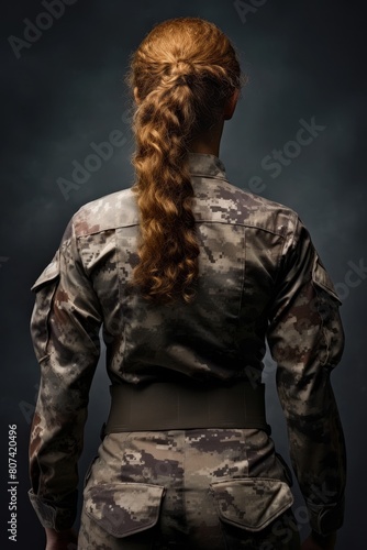 Rear view of soldier in camouflage uniform with braided hair