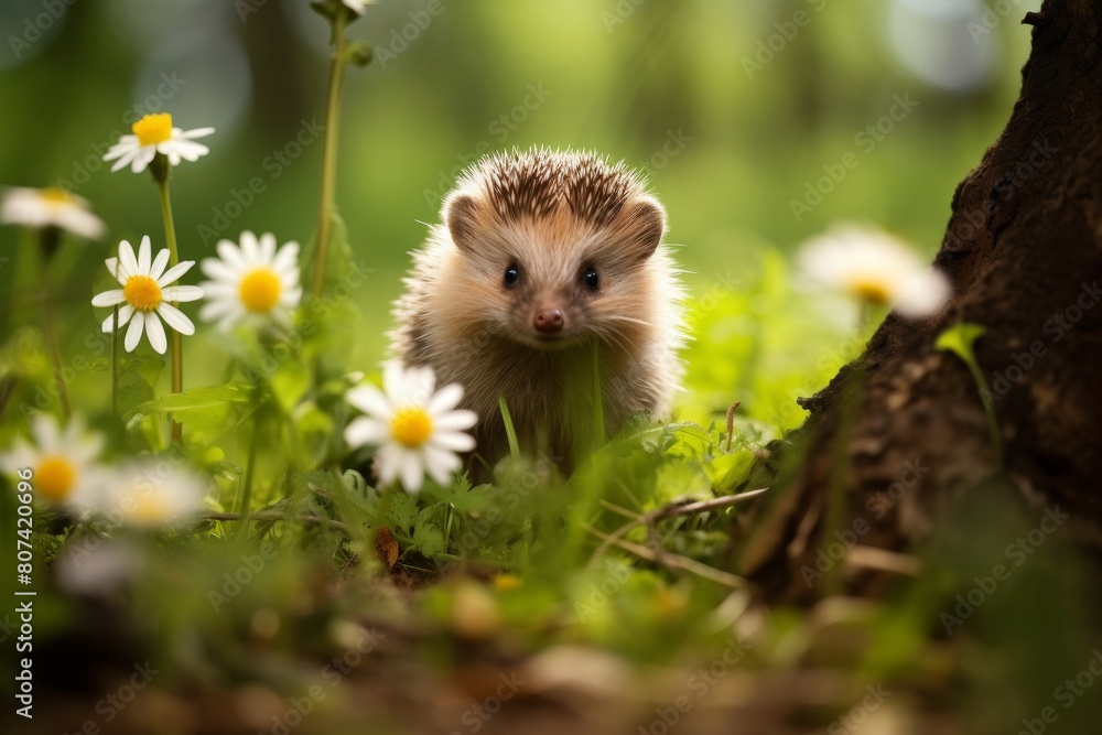 Obraz premium Adorable hedgehog peeking out from flowers
