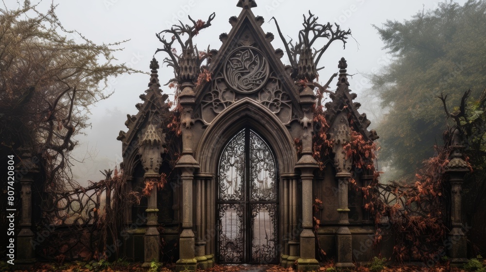 Mysterious gothic entrance in autumn forest Mysterious gothic entrance in autumn forest