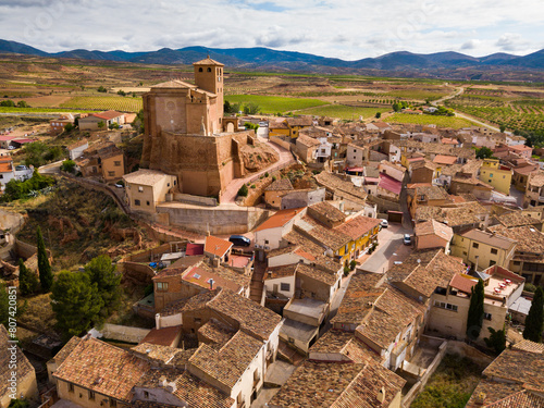 Aerial view of Cervera de la Canada cityscape with parish Church of Santa Tecla, Aragon, Spain