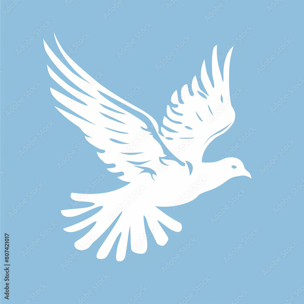 Fototapeta premium Simple drawing of white pigeon in flight with blue background.