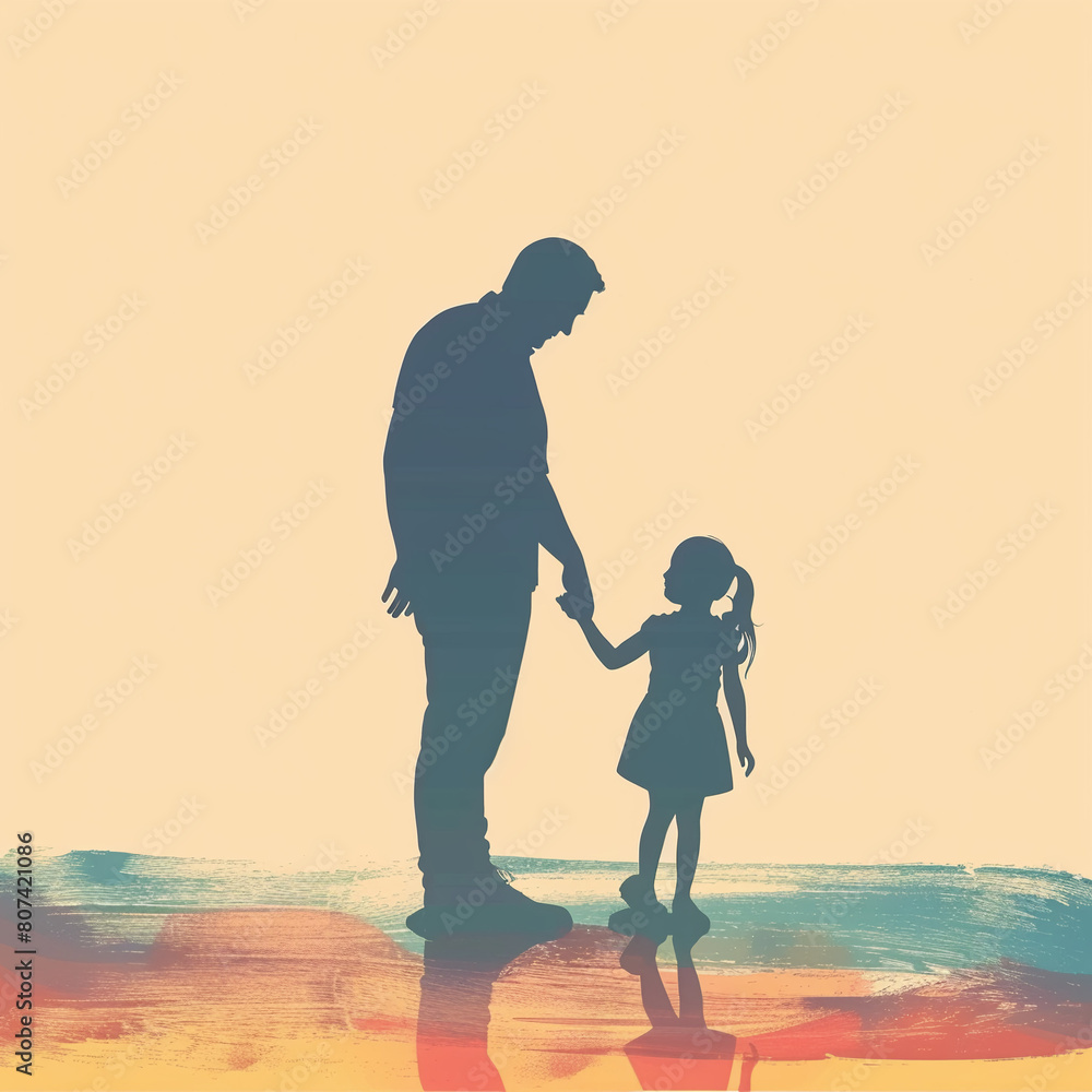 Silhouette of father and child with watercolor background.