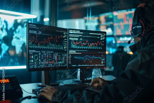 Professional consultant advising a client over a video call, Person in dark attire with headset, intensely focused on multiple data-filled monitors in low-lit room, suggesting cyber-security photo