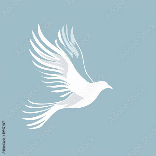 Simple drawing of white pigeon in flight with blue background.