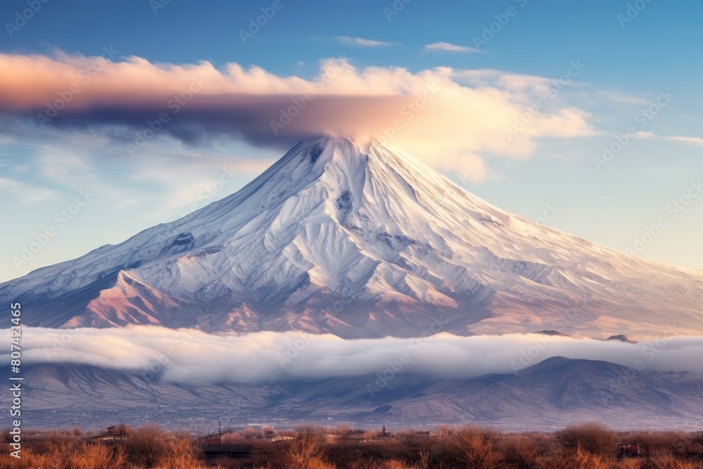 Majestic snow-capped mountain peak against a dramatic sky