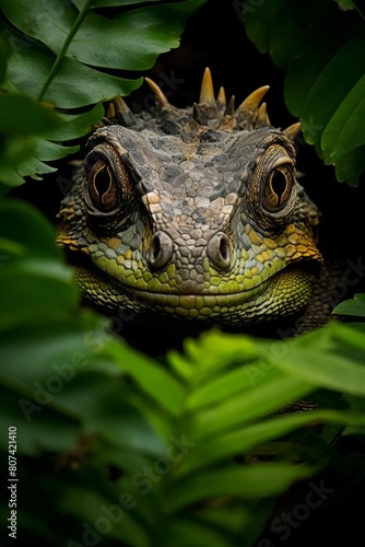 Close-up of a green lizard with intricate scales and bright eyes