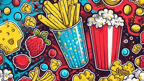 foodie pop art, vibrant and nostalgic pop art featuring classic snack favorites such as popcorn, fries, and candy for a playful touch photo