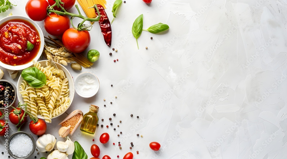 background with tomato sauce and pasta, basil and fresh tomatoes, Italian cuisine background with tomato sauce and pasta, basil and fresh tomatoes, Italian cuisine