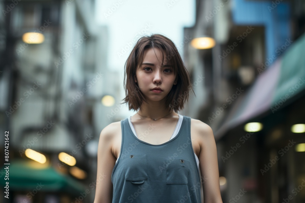 Fototapeta premium young woman with short dark hair standing in city street