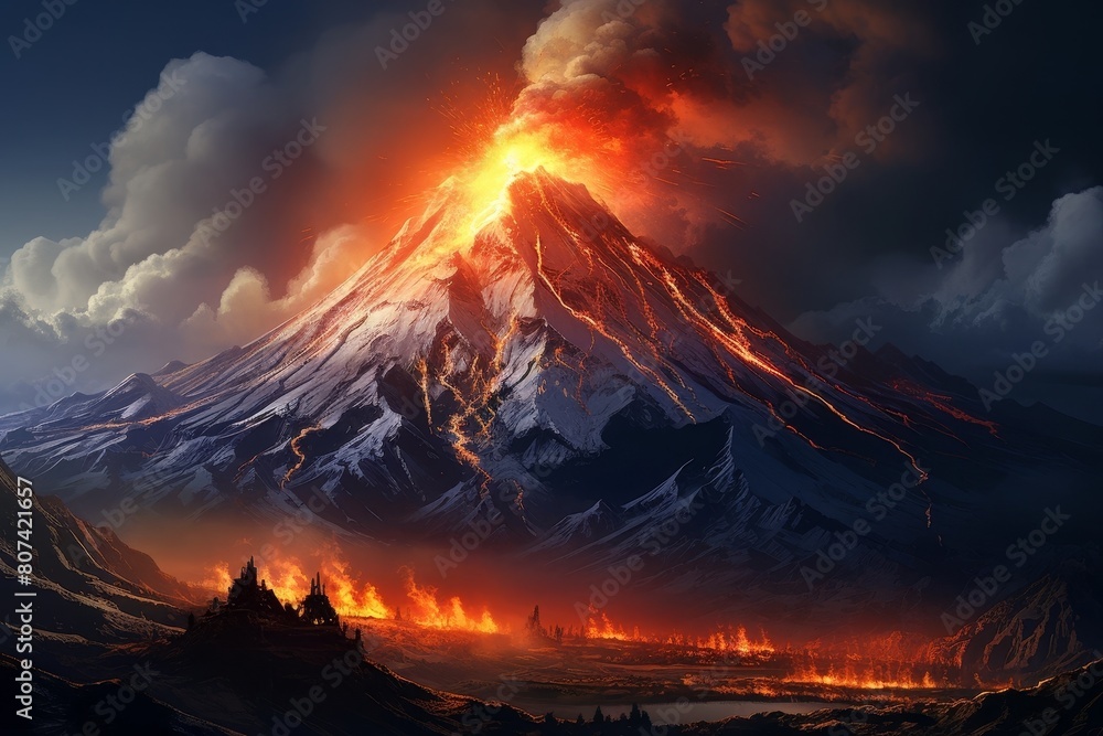 Dramatic volcanic eruption in a fantasy landscape