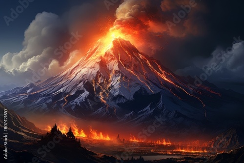 Dramatic volcanic eruption in a fantasy landscape