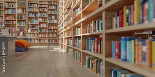 3D render of modern library with many books on shelves.