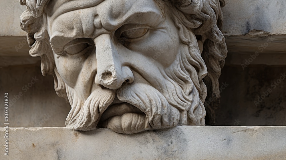 Detailed stone sculpture of a bearded man's face
