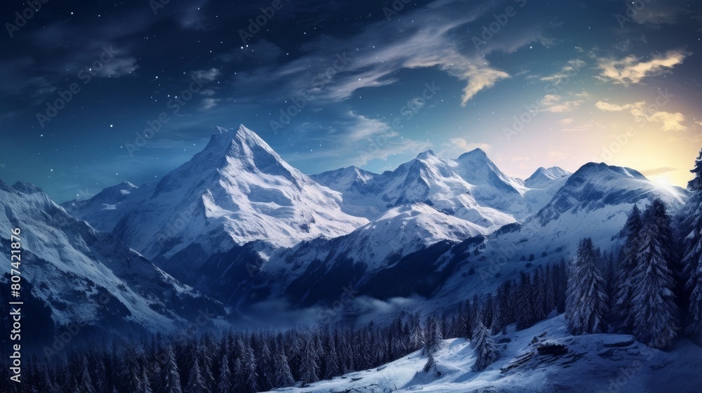 Majestic snowy mountain landscape at night Majestic snowy mountain landscape at night