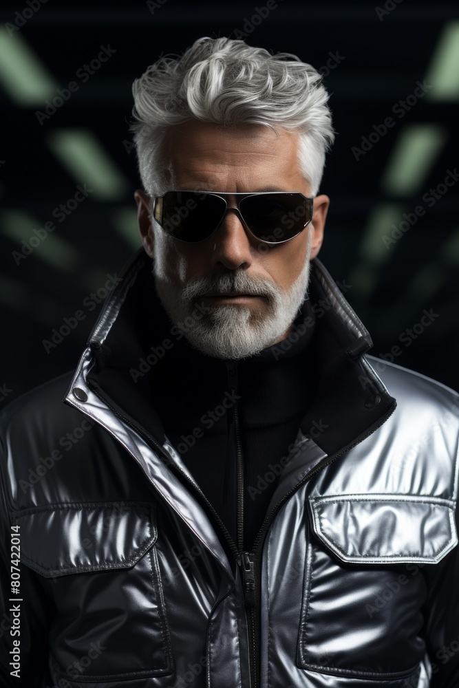 Fototapeta premium Stylish older man with silver hair and beard wearing sunglasses and a metallic jacket