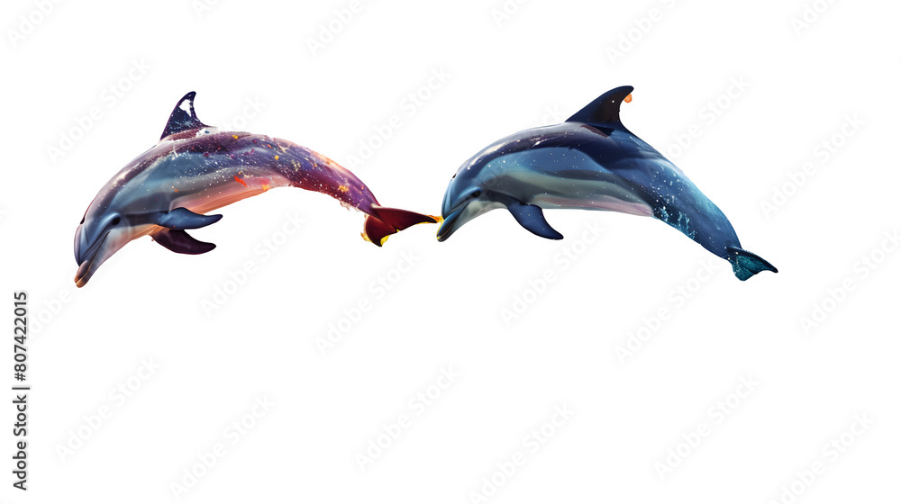 Fototapeta premium Dolphins made from colorful paint splash isolated on a transparent background, PNG, Ai