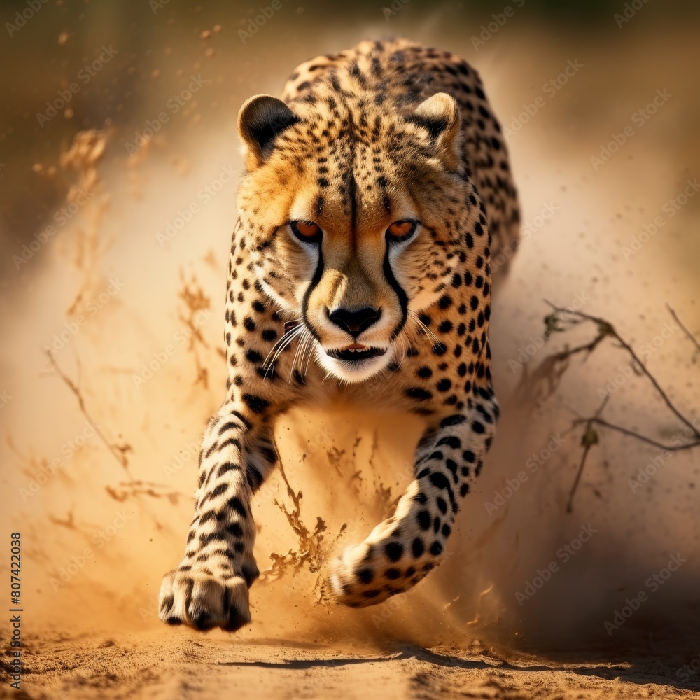 Powerful cheetah running through the dust Powerful cheetah running through the dust