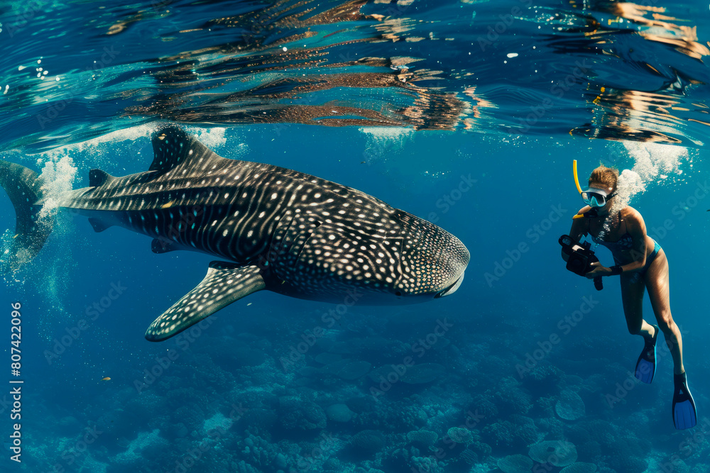 Fototapeta premium Woman filming a whale shark in a dive