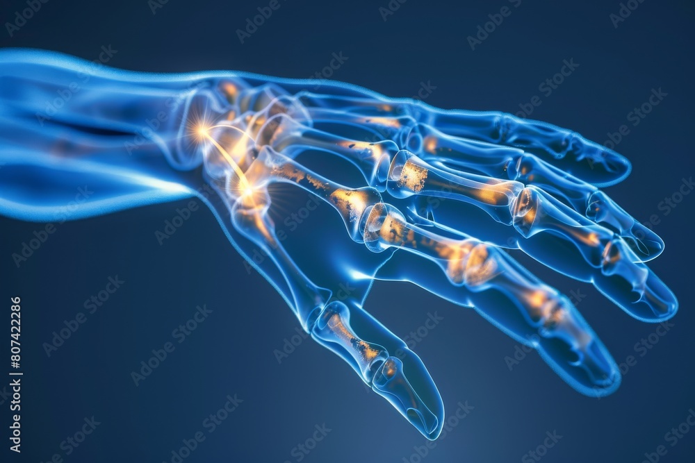 3D render of xray human body with hand pain, on blue background ...