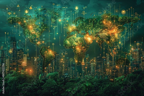 A compelling image of a global map highlighting regions most active in carbon credit generation and trading, Illuminated digital world map amidst urban jungle, gleaming lights merge global network.