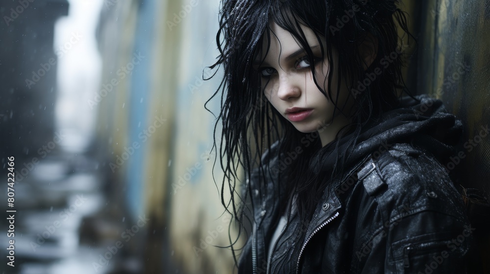 Fototapeta premium moody young woman with dark hair in the rain