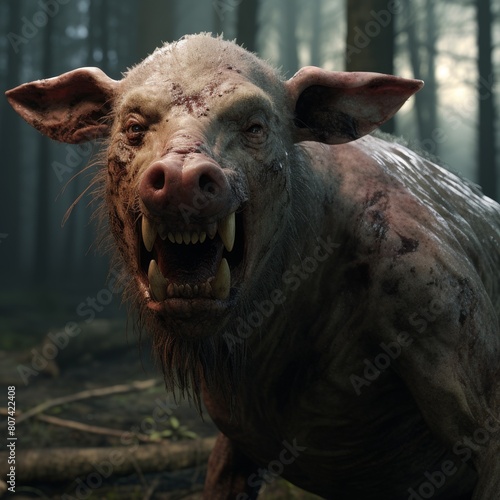Ferocious wild boar in the forest