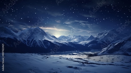Snowy mountain landscape under starry night sky