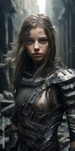 Fierce warrior woman in post-apocalyptic armor