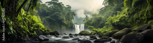 Lush tropical waterfall in dense rainforest