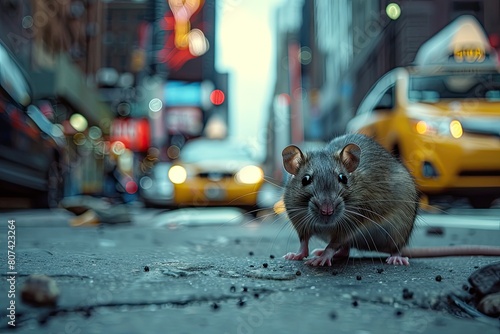 A rat is standing on a sidewalk in front of a yellow taxi cab. The rat is looking at the camera photo
