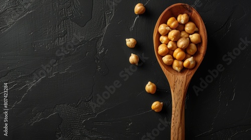 A spoonful of chickpeas is on a black background. The spoon is wooden and the chickpeas are scattered around it