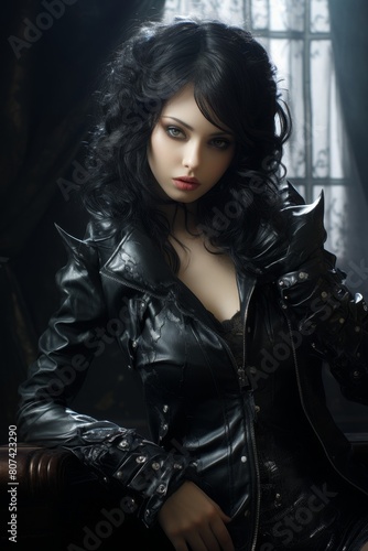 Mysterious woman in dark leather jacket © Balaraw