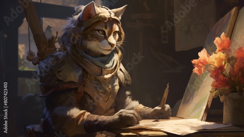 Adventurous cat warrior writing in journal